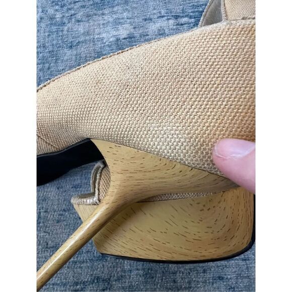 Bebe Yellow Tan Metallic Gold Canvas Platform Peeptoe Stilettos 8.5 - Picture 12 of 12